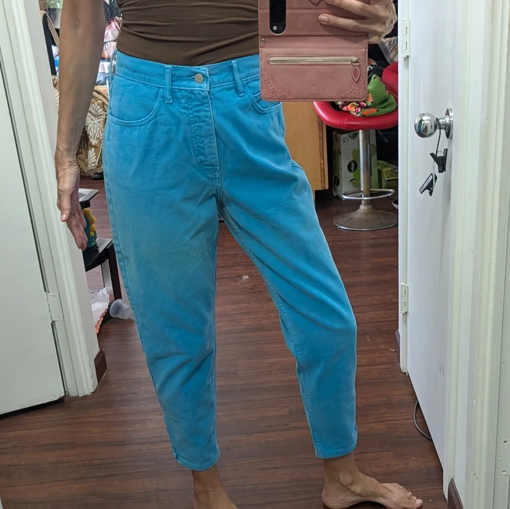 Vtg 80s Guess by Marciano USA ankle zip high-waisted aqua blue crop Mom Jeans - Picture 3 of 15